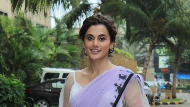 Taapsee Pannu during the promotions of Mission Mangal in Mumbai.(IANS)