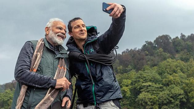 'Man vs Wild' host of the wildlife show Bear Grylls takes a selfie with Prime Minister Narendra Modi in Jim Corbett National Park.(ANI photo)