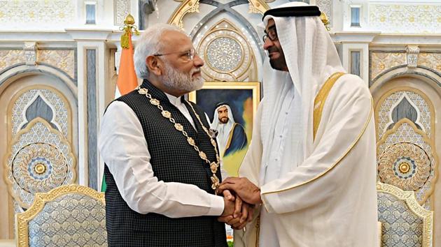 Prime Minister Narendra Modi and the Crown Prince of Abu Dhabi Sheikh Mohammed Bin Zayed Al Nahyan at Presidential Palace in Abu Dhabi, United Arab Emirates.(ANI Photo)