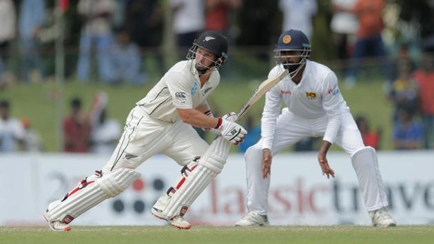 New Zealand's BJ Watling, left, plays a shot as Sri Lanka's Lahiru Thirimanne watches. (AP) New Zealand's BJ Watling, left, plays a shot as Sri Lanka's Lahiru Thirimanne watches. (AP)