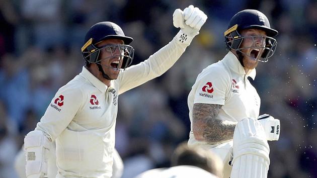 England's Jack Leach and Ben Stokes, right, celebrate England’s victory.(AP)