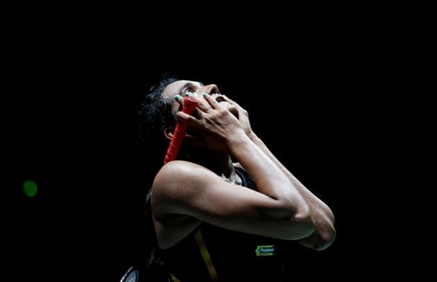 Pusarla Sindhu reacts during her final women's singles match against Japan's Nozomi Okuhara.(REUTERS)