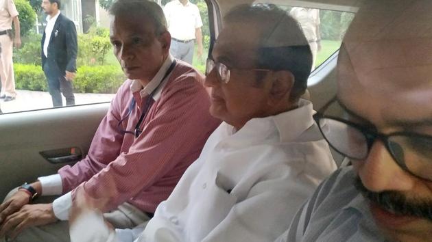 Former Union minister P Chidambaram leaves after a special court sent him to CBI custody till August 26, in New Delhi on Thursday.(Sanjeev Verma/HT PHOTO)