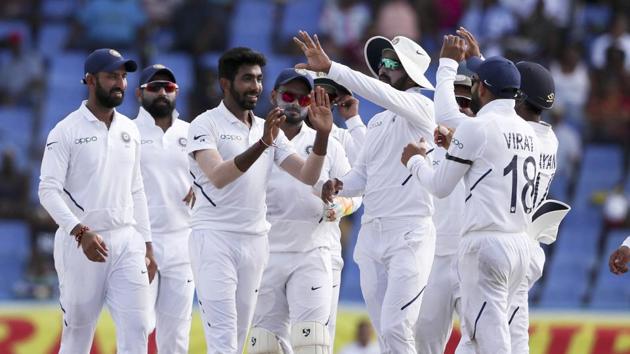 India's Jasprit Bumrah is congratulated by teammates.(AP) India's Jasprit Bumrah is congratulated by teammates.(AP)
