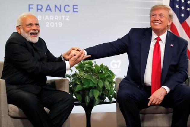 US President Donald Trump meets Indian Prime Minister Narendra Modi for bilateral talks during the G7 summit in Biarritz, France, August 26, 2019. (REUTERS) US President Donald Trump meets Indian Prime Minister Narendra Modi for bilateral talks during the G7 summit in Biarritz, France, August 26, 2019. (REUTERS)