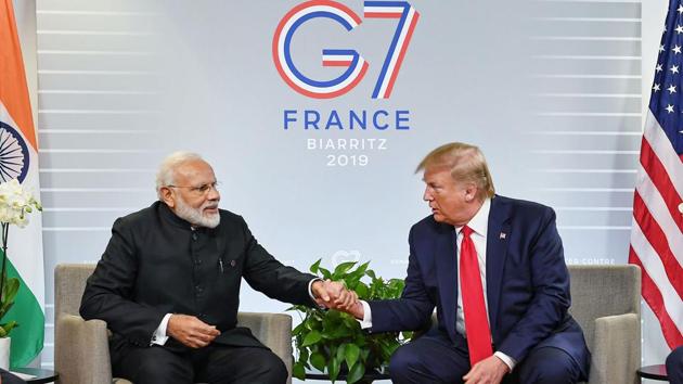 Prime Minister Narendra Modi with US President Donald Trump during a bilateral meeting in the sidelines of G-7 summit in Biarritz, France, Monday.(Twitter Photo/PTI)