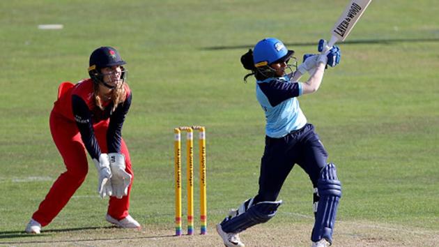 Jemimah Rodrigues of Yorkshire Diamonds hits the winning runs.(Getty Images) Jemimah Rodrigues of Yorkshire Diamonds hits the winning runs.(Getty Images)