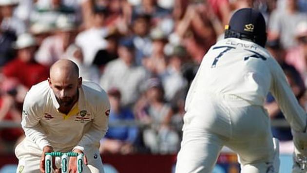 Nathan Lyon fails to grab the ball as Jack Leach tried to get back into his crease.(Reuters) Nathan Lyon fails to grab the ball as Jack Leach tried to get back into his crease.(Reuters)