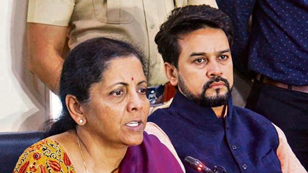 Finance Minister Nirmala Sitharaman along with Minister of State Anurag Thakur . (PTI Photo) Finance Minister Nirmala Sitharaman along with Minister of State Anurag Thakur . (PTI Photo)