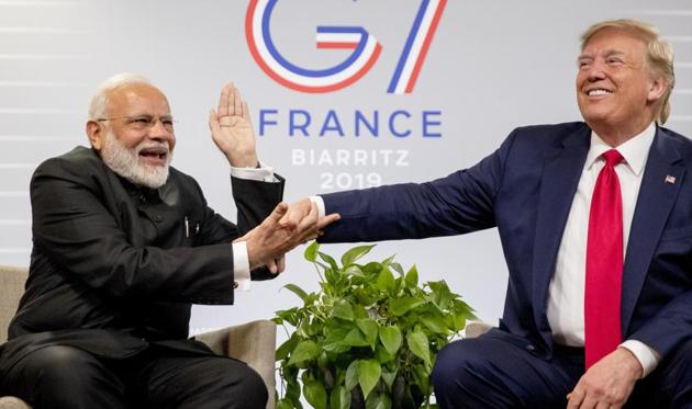 At G7, Trump seemed to accept that India and Pakistan could sort out their differences themselves. Foreign secretary Vijay Gokhale, who briefed the media after the conclusion of talks, said that Modi and Trump focused on trade- and energy-related issues, but did not discuss Kashmir(AP) At G7, Trump seemed to accept that India and Pakistan could sort out their differences themselves. Foreign secretary Vijay Gokhale, who briefed the media after the conclusion of talks, said that Modi and Trump focused on trade- and energy-related issues, but did not discuss Kashmir(AP)