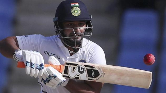 India's Rishabh Pant plays a shot against West Indies.(AP)