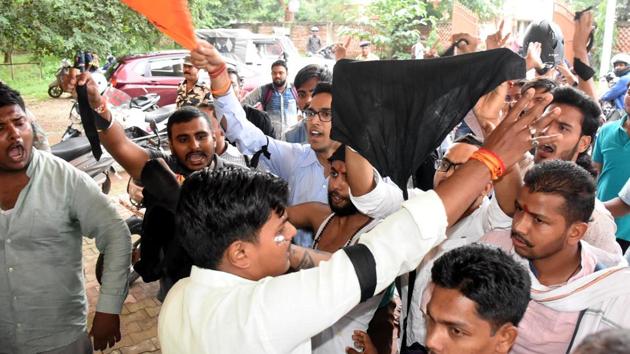 ABVP members protesting against Vinoba Bhave University VC on Monday August 26,2019-(HT Photo)