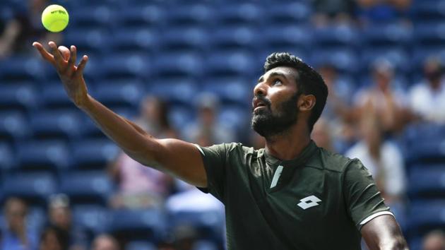 Prajnesh Gunneswaran, of India, serves to Daniil Medvedev. (AP) Prajnesh Gunneswaran, of India, serves to Daniil Medvedev. (AP)