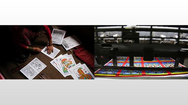 A combination image shows Tej Kumari Chitrakar (L) making traditional paintings at her residence ahead of Naag Panchami festival and Machine printed posters (R) being made at a printing press. (Niranjan Shrestha / AP) A combination image shows Tej Kumari Chitrakar (L) making traditional paintings at her residence ahead of Naag Panchami festival and Machine printed posters (R) being made at a printing press. (Niranjan Shrestha / AP)