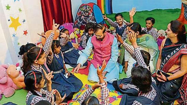 Union Minister Prakash Javadekar seen with children during the inauguration of a play room named ‘Toy Bank’ at Nigam Pratibha Vidyalaya (Girls) at Malviya Nagar in New Delhi. (Photo by Amal KS/ Hindustan Times) Union Minister Prakash Javadekar seen with children during the inauguration of a play room named ‘Toy Bank’ at Nigam Pratibha Vidyalaya (Girls) at Malviya Nagar in New Delhi. (Photo by Amal KS/ Hindustan Times)