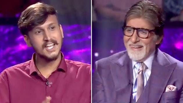 Amitabh Bachchan with contestant Nitin Kumar Patwa from Jabalpur, Madhya Pradesh on Kaun Banega Crorepati season 11.(Screengrab: SonyLiv.com)