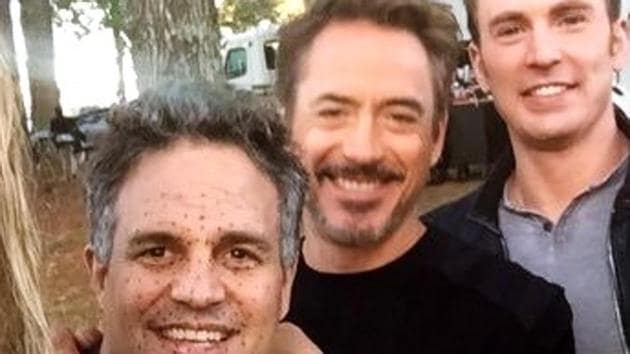 Robert Downey Jr, Mark Ruffalo and Chris Evans, on the set of Avengers: Endgame.