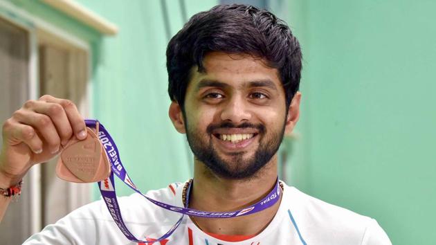 B Sai Praneeth displays the bronze medal.(PTI)