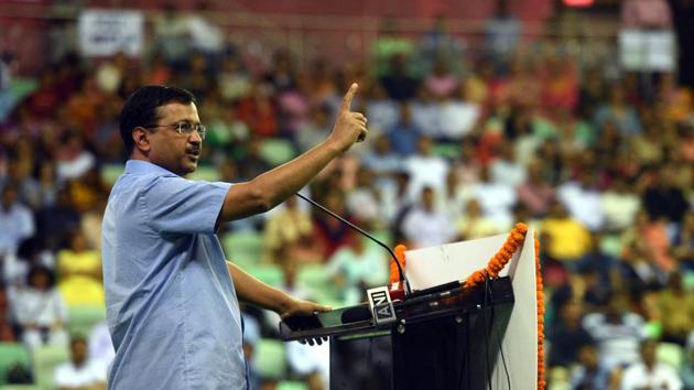 Delhi Chief Minister Arvind Kejriwal addresses the gathering during the launch of "Constitution at 70 campaign", a program for children studying from Classes 6 to 11 in Delhi government schools, at Thyagaraj Stadium, in New Delhi. (Sonu Mehta/HT FILE PHOTO) Delhi Chief Minister Arvind Kejriwal addresses the gathering during the launch of "Constitution at 70 campaign", a program for children studying from Classes 6 to 11 in Delhi government schools, at Thyagaraj Stadium, in New Delhi. (Sonu Mehta/HT FILE PHOTO)