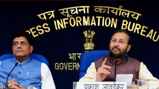 Minister of Environment, Forest and Climate Change Prakash Javadekar and Minister of Railways Piyush Goyal during a press conference after the cabinet meeting, in New Delhi, on Wednesday, August 28, 2019. (HT Photo) Minister of Environment, Forest and Climate Change Prakash Javadekar and Minister of Railways Piyush Goyal during a press conference after the cabinet meeting, in New Delhi, on Wednesday, August 28, 2019. (HT Photo)