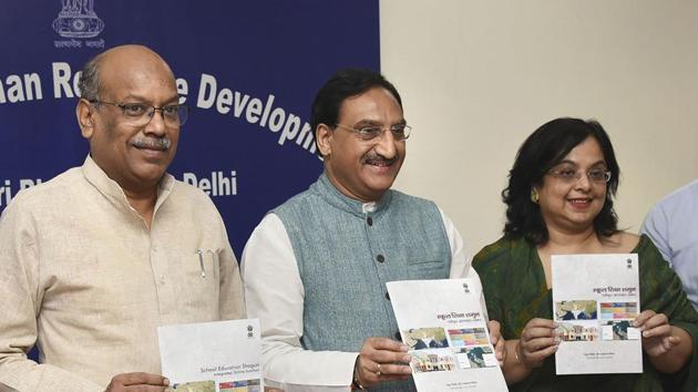 Union Minister for Human Resource Development Ramesh Pokhriyal ‘Nishank’ during the launch of 'School Education Shagun Integrated Online Junction' in New Delhi on Wednesday. MoS for Human Resource Development, Communications and Information Technology Dhotre Sanjay Shamrao and the Secretary (Department of School and Literacy) Rina Ray are also seen. (PTI) Union Minister for Human Resource Development Ramesh Pokhriyal ‘Nishank’ during the launch of 'School Education Shagun Integrated Online Junction' in New Delhi on Wednesday. MoS for Human Resource Development, Communications and Information Technology Dhotre Sanjay Shamrao and the Secretary (Department of School and Literacy) Rina Ray are also seen. (PTI)