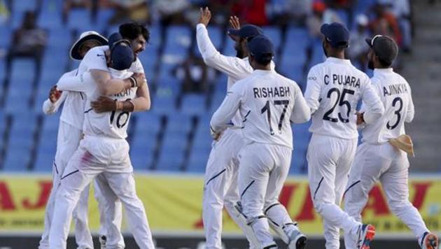 Team India celebrates win in first Test against West Indies. (AP) Team India celebrates win in first Test against West Indies. (AP)