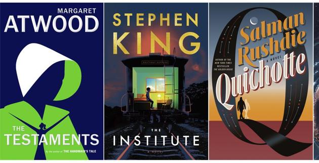 This combination of photos shows cover images from anticipated releases, from left, "The Testaments," by Margaret Atwood, "The Institute," by Stephen King, "Quichotte," by Salman Rushdie and "The Water Dancer," by Ta-Nehisi Coates. (Nan A. Talese/Scribner/Random House/One World via AP)(AP)