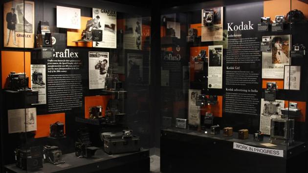 The ground floor is dedicated to the history of photography. Visitors can see a vividly illustrated timeline and milestones in the journey of photography, from the first camera obscura to the current digital cameras. From Eastman Kodak’s multiple folding brownies and the 50-kg, five-foot lacquered brass studio outfit cameras to Thornton-Pickard’s iconic imperial triple extension cameras. (Yogendra Kumar / HT Photo)