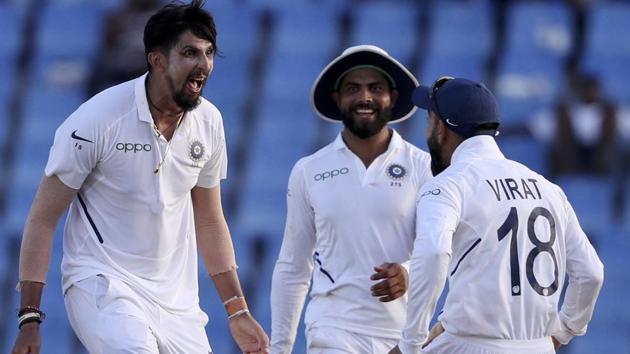 India vs West Indies 2nd Test: India's Ishant Sharma celebrates with captain Virat Kohli.(AP)