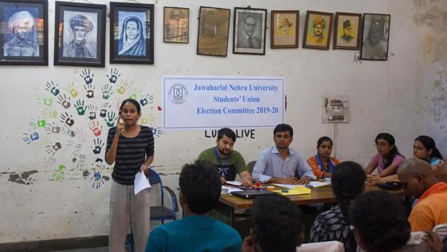 Aishe Ghosh, a presidential election candidate speaks during a press conference, at Teflas, JNUSU election office, in New Delhi, India, August 28, 2019. (Photo by Amal KS/ Hindustan Times) Aishe Ghosh, a presidential election candidate speaks during a press conference, at Teflas, JNUSU election office, in New Delhi, India, August 28, 2019. (Photo by Amal KS/ Hindustan Times)