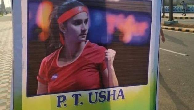 The poster shows a photograph of Sania Mirza with PT Usha’s name written below it.(Twitter/@smitapop)