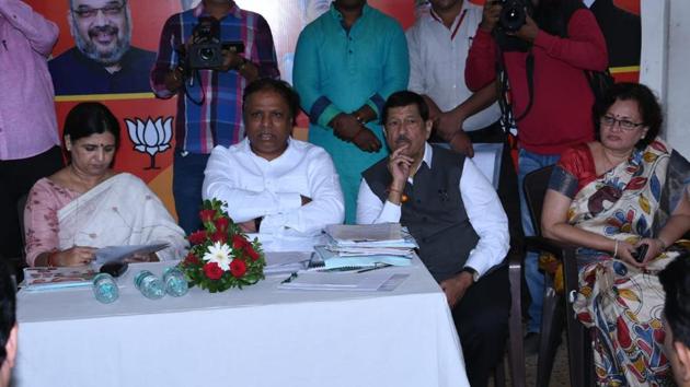 (From left) BJP leaders Madhuri Misal, Ashish Shelar, Girish Bapat and Mukta Tilak at the interview of aspirants for assembly polls. (HT/PHOTO) (From left) BJP leaders Madhuri Misal, Ashish Shelar, Girish Bapat and Mukta Tilak at the interview of aspirants for assembly polls. (HT/PHOTO)