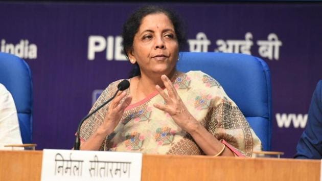 Finance Minister Nirmala Sitharaman during a media briefing on the Gross Domestic Product (GDP) Index at the National Media Centre in New Delhi on Friday.(Sonu Mehta/HT photo)