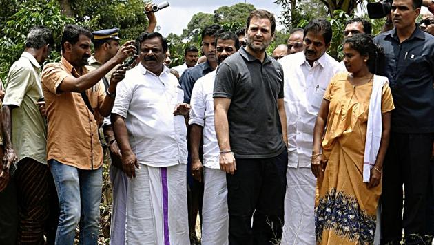 Congress leader Rahul Gandhi visits a flood-affected area in Chaligandha, Payyampally village in Wayanad.(ANI PHOTO.)