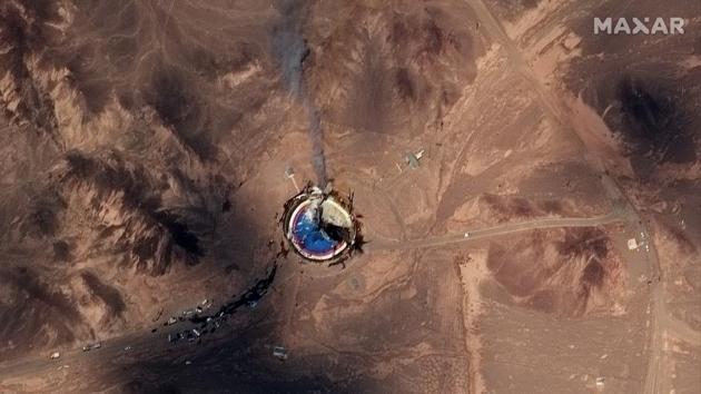 This satellite image from Maxar Technologies shows a fire at a rocket launch pad at the Imam Khomeini Space Center in Iran's Semnan province, Thursday, Aug. 29, 2019. Satellite images released Thursday show the smoldering remains of a rocket at a Iran space center that was to conduct a U.S.-criticized satellite launch. (Satellite image ?2019 Maxar Technologies via AP)(AP)