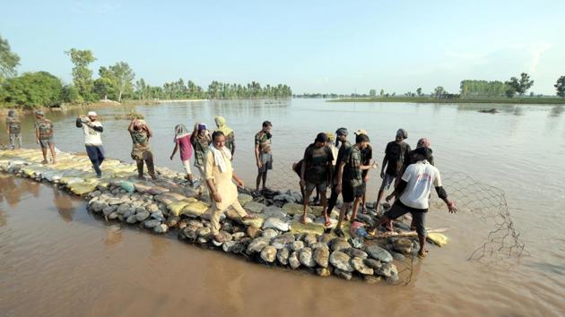 Villagers with army officials repairing a breach near village Mandla Channa near Lohian, Punjab, Thursday, August 29, 2019.(Pardeep Pandit / HT Photo)