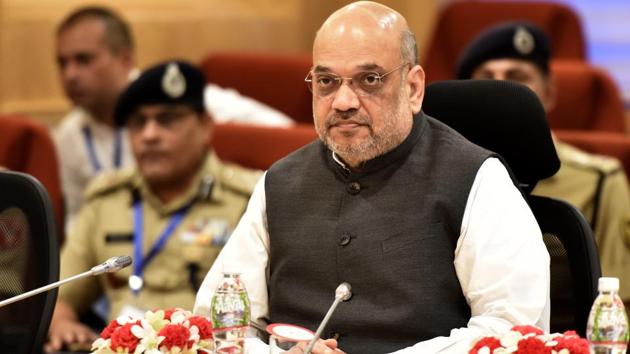 Union Home Minister Amit Shah seen during the review meeting on the Left Wing Extremism (LWE), at Vigyan Bhawan.(Sonu Mehta/HT FILE PHOTO)