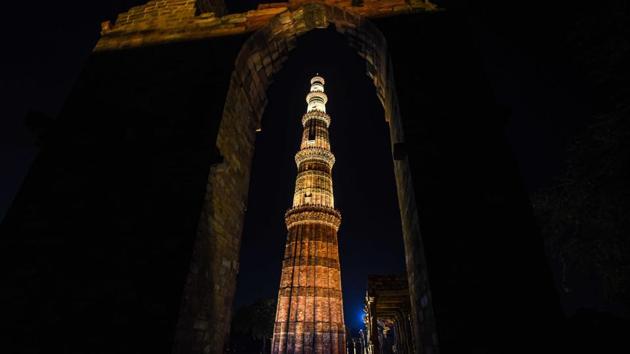 A view of an illuminated Qutub Minar, at Mehrauli, in New Delhi. (Amal KS / HT Photo ) 