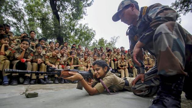NCC cadets during a training session at the Combined Army Training Camp (CATC) at Nagrota on the outskirts of Jammu, Jammu and Kashmir. (PTI) 