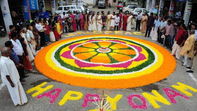 Malyali community of Mahabali Nagar decorated Bhopal`s biggest Pookkalam to welcome the emperor Mahabali ahead of Onam festival in Bhopal, India, on Sunday, August 23, 2015. (Photo by Mujeeb Faruqui/ Hindustan Times)(Hindustan Times)