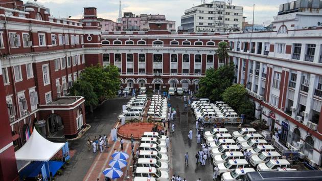 Police Control Room (PCR) vans stand parked during their launch at Kolkata Police Headquarters in Kolkata, West Bengal. (PTI) 