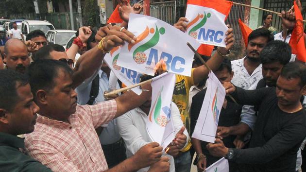 Hindu Yuba Chatra Parisad members protest against the release of NRC final draft, in Guwahati, Saturday, Aug 31, 2019.(PTI) Hindu Yuba Chatra Parisad members protest against the release of NRC final draft, in Guwahati, Saturday, Aug 31, 2019.(PTI)