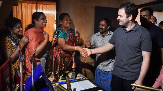 Former Congress president and Wayanad MP Rahul Gandhi with flood victim families at Mananthavady in Wayanad, Kerala. (PTI) 