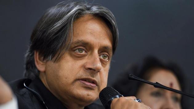 Congress leader Shashi Tharoor addresses a press conference at AICC headquarters in New Delhi.(PTI)