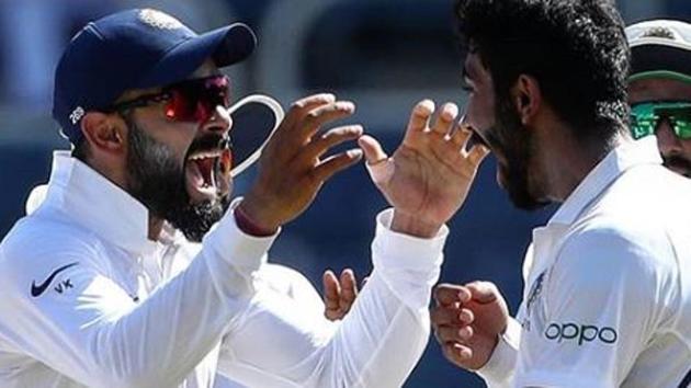 Virat Kohli and Jasprit Bumrah (R) celebrate the latter’s hat-trick.(BCCI/ Instagram)