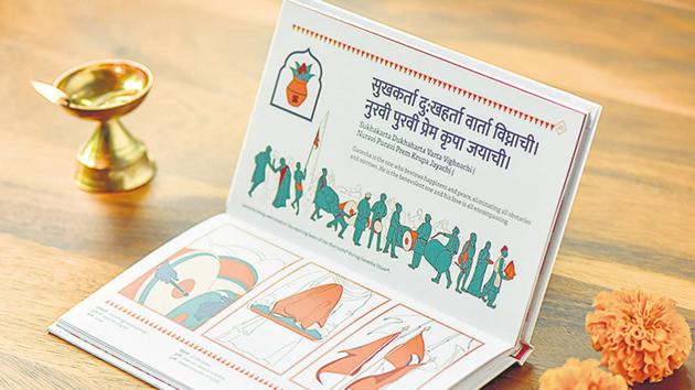 Laid out horizontally, almost like a pothi or manuscript of primeval scriptures, the book is designed hardback. Unlike traditional hymn books that contains verses printed across pages for devotees to routinely read through. (HT/PHOTO) Laid out horizontally, almost like a pothi or manuscript of primeval scriptures, the book is designed hardback. Unlike traditional hymn books that contains verses printed across pages for devotees to routinely read through. (HT/PHOTO)
