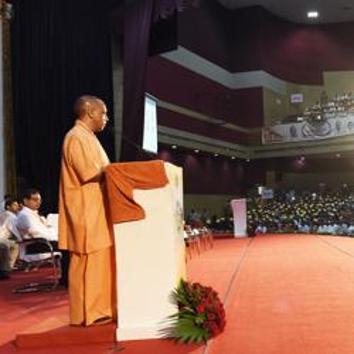 UP Chief Minister Yogi Adityanath addressing in '' Toppers Felicitation Ceremony '', at Baba Sahab Bhimrao Ambedkar Auditorium , Lucknow.(Dheeraj Dhawan/Hindustan Times)