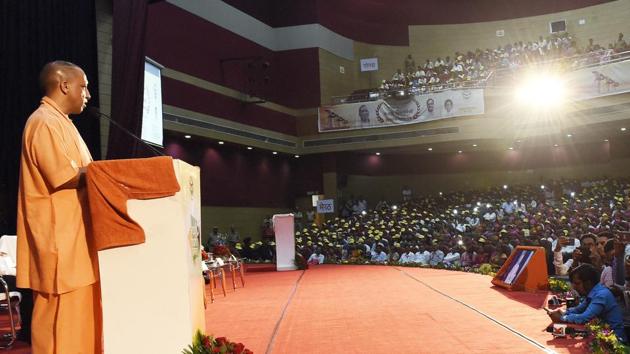UP Chief Minister Yogi Adityanath addressing in '' Toppers Felicitation Ceremony '', at Baba Sahab Bhimrao Ambedkar Auditorium , Lucknow. (Dheeraj Dhawan/Hindustan Times) UP Chief Minister Yogi Adityanath addressing in '' Toppers Felicitation Ceremony '', at Baba Sahab Bhimrao Ambedkar Auditorium , Lucknow. (Dheeraj Dhawan/Hindustan Times)