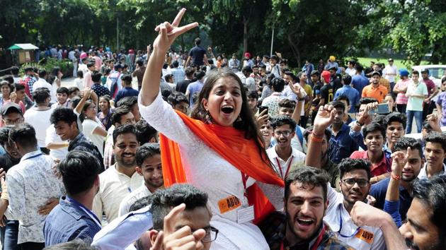 ABVP president candidate Anuja and supporters in jubilant mood after winning 2018 students election at Govt College Sector 46 in Chandigarh .(HT file photo)