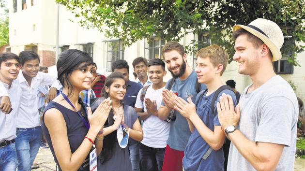 Foreign students at a Delhi college. Enhancing educational connectivity should be a key priority if India wishes to retain its role as the region’s intellectual hub(Sushil Kumar/HT)